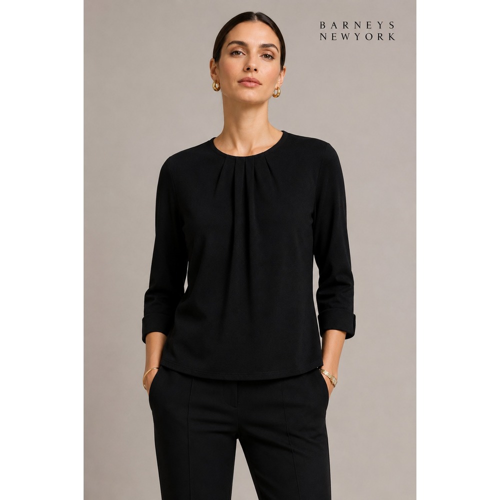 Barneys NY Black Wool Top Pleated Front 3/4 Sleeve Sz 4 Old Money Vintage Italy